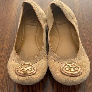 Tory Burch Tan Suede Loafers with Gold Logo